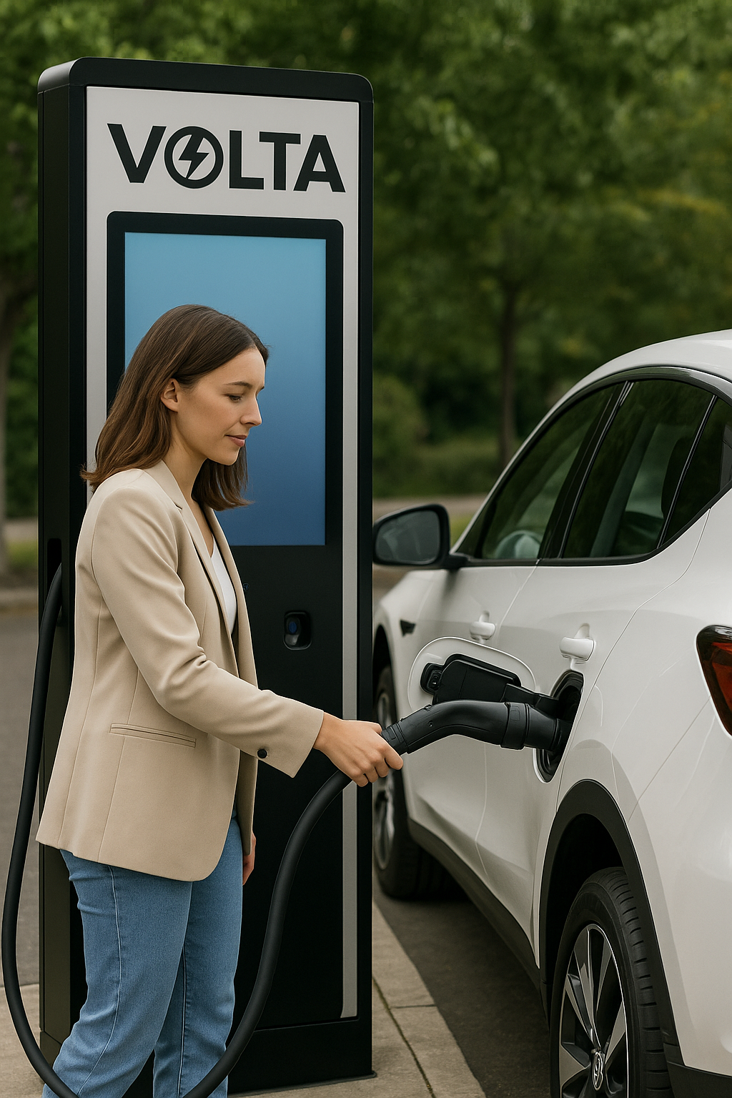 Professional woman charging electric vehicle at Volta station